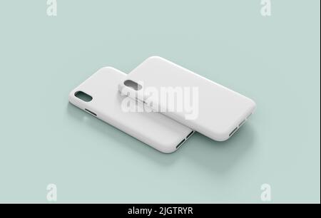 Two smartphone case mockup, blank cover template isolated on a neutral color background. White cellphone plastic protector for branding design present Stock Photo