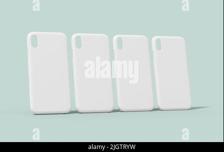 Four mobile phone case mockup, white cover template isolated on a neutral color background. Clear smartphone plastic protector for brand design presen Stock Photo