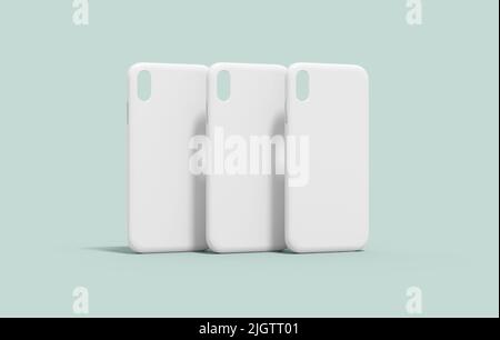 Three mobile phone case mockup, white cover template isolated on a neutral color background. Blank smartphone plastic protector for brand design prese Stock Photo