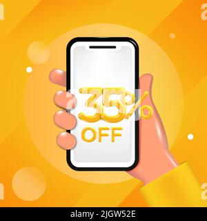 35 or Thirty Five percent off design. Hand holding a mobile phone with an offer message. Special discount promotion, sale poster template. Stock Vector