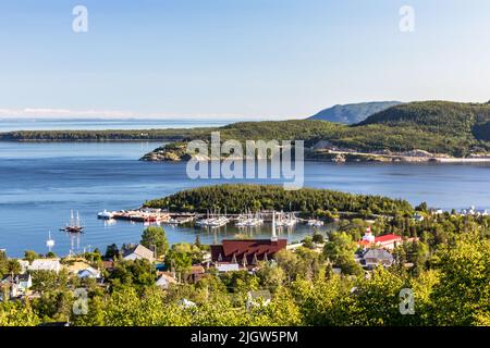 View of Tadoussac and the point where Saguenay river join St-Lawrence river. Saguenay Fjord, Quebec, Canada Stock Photo