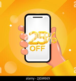 25 or Twenty five percent off design. Hand holding a mobile phone with an offer message. Special discount promotion, sale poster template. Stock Vector