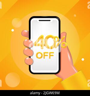 40 or Forty percent off design. Hand holding a mobile phone with an offer message. Special discount promotion, sale poster template. Stock Vector