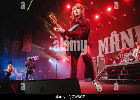 Montreux, Switzerland. 12th July, 2022. The Italian glam rock band Måneskin performs a live concert during the Swiss music festival Montreux Jazz Festival 2022 in Montreux. Here guitarist Thomas Raggi is seen live on stage. (Photo Credit: Gonzales Photo/Alamy Live News Stock Photo