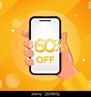 60 or Sixty percent off design. Hand holding a mobile phone with an offer message. Special discount promotion, sale poster template. Stock Vector