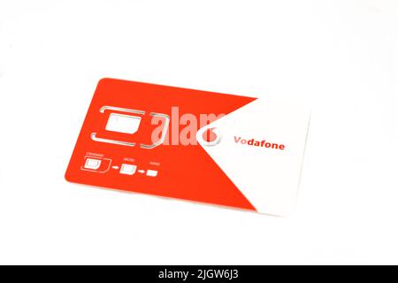 Cairo, Egypt, May 25 2022: Vodafone sim card support isolated on white background, mini, micro and nano sim cards, Vodafone is a multinational mobile Stock Photo