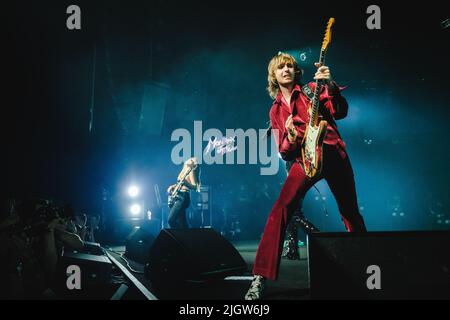 Montreux, Switzerland. 12th July, 2022. The Italian glam rock band Måneskin performs a live concert during the Swiss music festival Montreux Jazz Festival 2022 in Montreux. Here guitarist Thomas Raggi is seen live on stage. (Photo Credit: Gonzales Photo/Alamy Live News Stock Photo