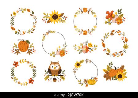 Autumn decorative arrangements. Collection of wreath and cute dividers isolated on white background. Seasonal floral decoration. Vector illustration. Stock Vector