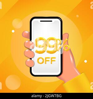 99 or Ninety Nine percent off design. Hand holding a mobile phone with an offer message. Special discount promotion, sale poster template. Stock Vector