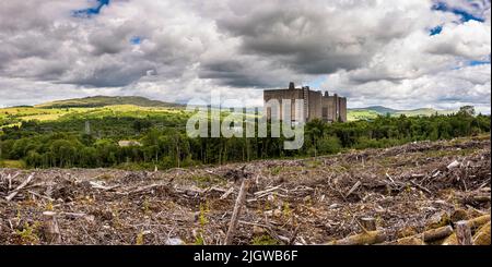 Trawsfynydd decomissioned nuclear power station, Gwynedd, Wales and the deforested pine forext around. Stock Photo