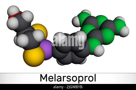 Melarsoprol drug molecule. Used to treat African sleeping sickness or African trypanosomiasis. Molecular model. 3D rendering Stock Photo