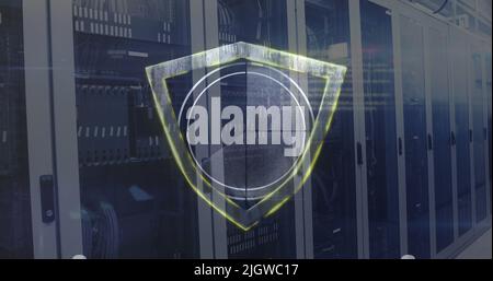 Image of scope scanning with shield and data processing over computer servers Stock Photo