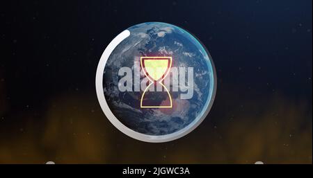 Image of loading hourglass and circle icon over globe Stock Photo