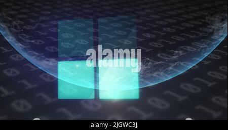 Image of loading squares icon and binary coding over globe Stock Photo