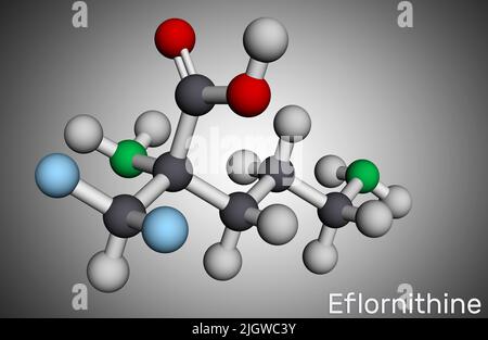 Eflornithine molecule. It is trypanocidal drug, used in treatment of facial hirsutism and African trypanosomiasis. Molecular model. 3D rendering Stock Photo