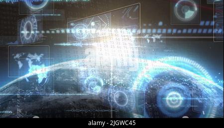 Image of data processing on screen and scopes scanning over planet earth Stock Photo