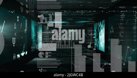 Image of statistics and data processing on screens Stock Photo