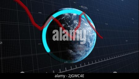 Image of red line recording and data processing over globe Stock Photo