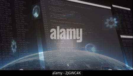 Image of data processing on screens and scopes scanning over planet earth Stock Photo