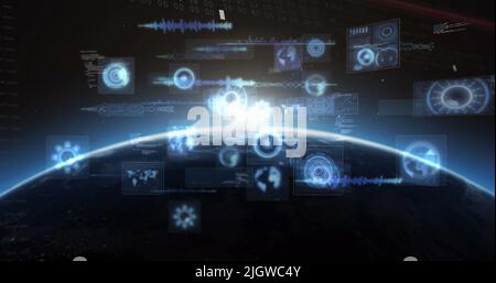 Image of data processing on screen and scopes scanning over planet earth Stock Photo
