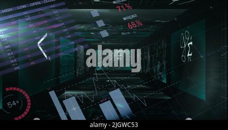 Image of statistics and data processing on screens Stock Photo