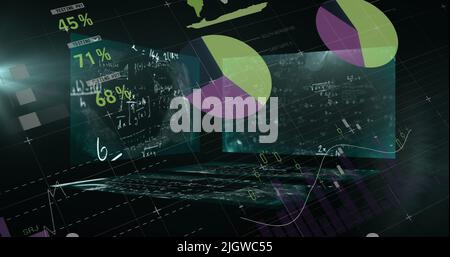 Image of statistics and data processing with mathematical equations on screens Stock Photo