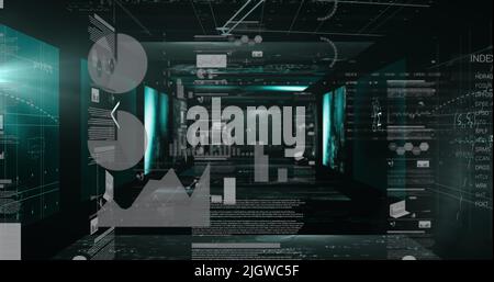 Image of statistics and data processing on screens Stock Photo
