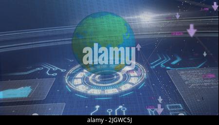 Image of data processing on screens and scopes scanning over planet earth Stock Photo