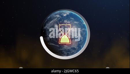 Image of loading hourglass and circle icon over globe Stock Photo