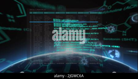 Image of data processing and scopes scanning over earth in universe Stock Photo