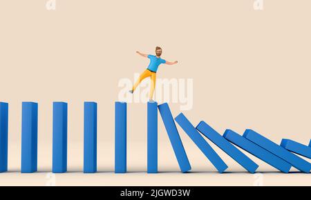 Businessman character balancing on a falling row of dominoes. Business support concept. 3D Rendering Stock Photo