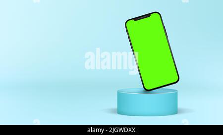 Realistic Cylinder Podium Modern Smartphone Standing Green Screen Blank Mockup Template Stock Vector