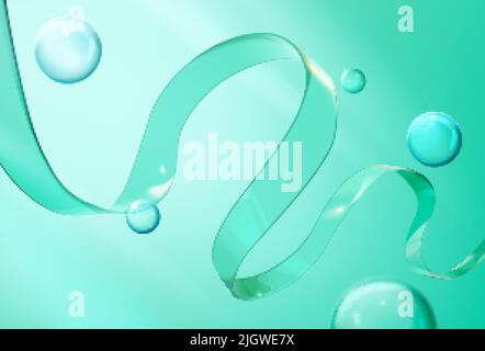 3d geometric background design with green bubbles and wavy ribbon shaped glass model. Stock Vector