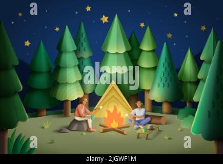 A man and a woman in a pine forest sitting by a tent at night and roasting marshmallows near campfire Stock Vector