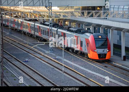 Moscow, Russia - July 01, 2022: long-distance train stands on the platform. High quality photo Stock Photo