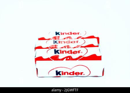 Cairo, Egypt, May 27 2022: Kinder milk chocolate bars pack, a mini snack rich in milk, lait and cacao, A chocolate recipe which contains two delicious Stock Photo