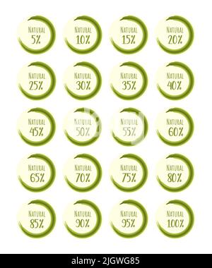 Set of stickers with number in percent and the inscription Natural product, round, green. Vector illustration Stock Vector