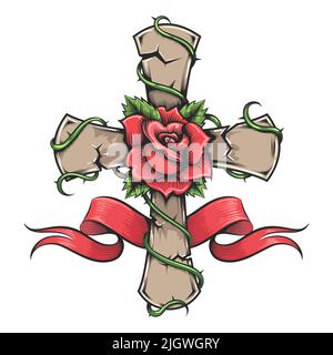 Tattoo of Rose on Stone Cross and Ribbon Vector illustration. Stock Vector
