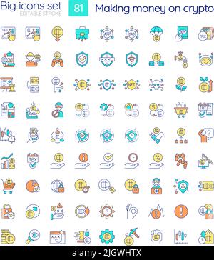 Making money on crypto RGB color icons set Stock Vector