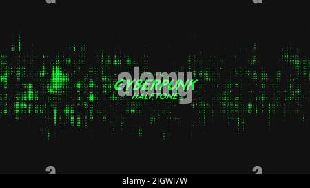 Abstract vector green cyberpunk halftone sound wave. Scrathed dotted texture element. Stock Vector