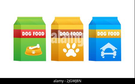 Dog dry food bowl. Bag package, Advertising. Vector illustration. Stock Vector