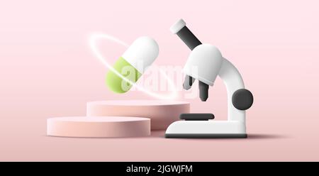 3d illustration of a microscope with medicine pill on podium, science lab Stock Vector