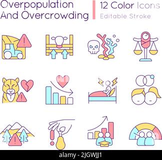 Overpopulation and overcrowding RGB color icons set Stock Vector