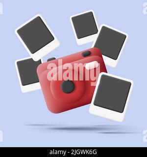 3d digital illustration of photo camera with red photographs snapshots around it Stock Vector