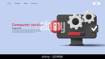 3d icon of computer service with cogwheels, website banner Stock Vector