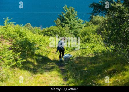 Young Women with dog walking down steep hill at Letters, Loch Broom,Highland Scotland, UK. Stock Photo