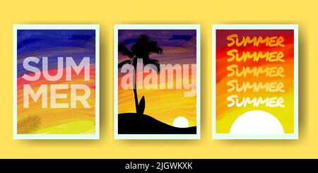 Set of abstract Watercolor Sunset paintings. Tropical hand painted artworks. Editable Vector Illustration. EPS 10. Stock Vector