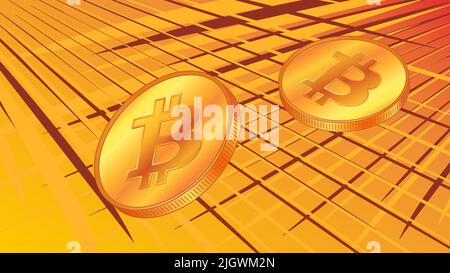 Bitcoin BTC coins on grid of lines on bright yellow background. BTC symbol of modern digital gold and money. Vector illustration. Stock Vector