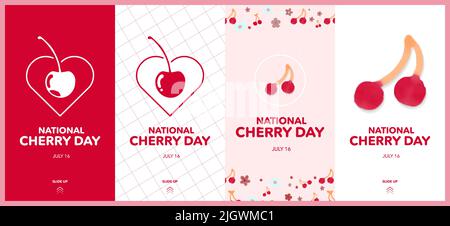 National Cherry Day Posters in 1080x1920 Social Media Story Template. Celebrated on July 16. Vector Illustration. Editable EPS 10. Stock Vector