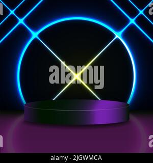 Two 3d round podium pedestal for product showcase. 3D rendering of interior. Editable Vector Illustration. Stock Vector